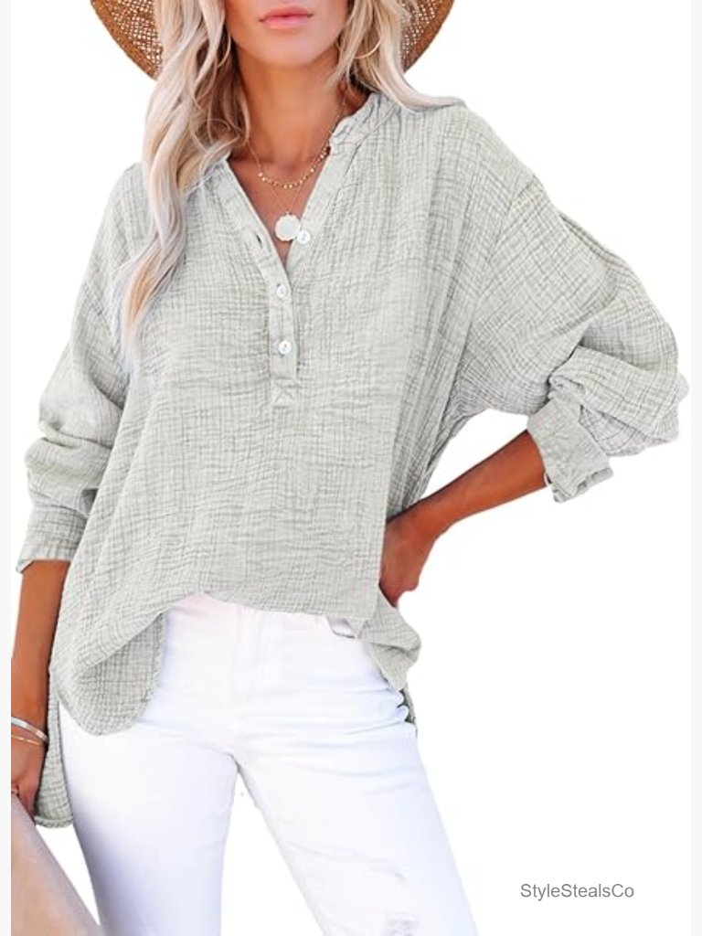 V Neck Long Sleeve Oversized Button Down Blouses Casual Tops